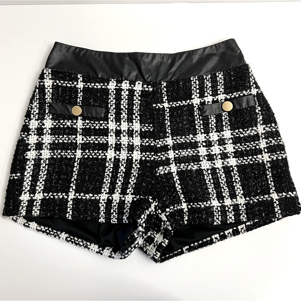 AKIRA Tweed Faux Leather Trim Shorts